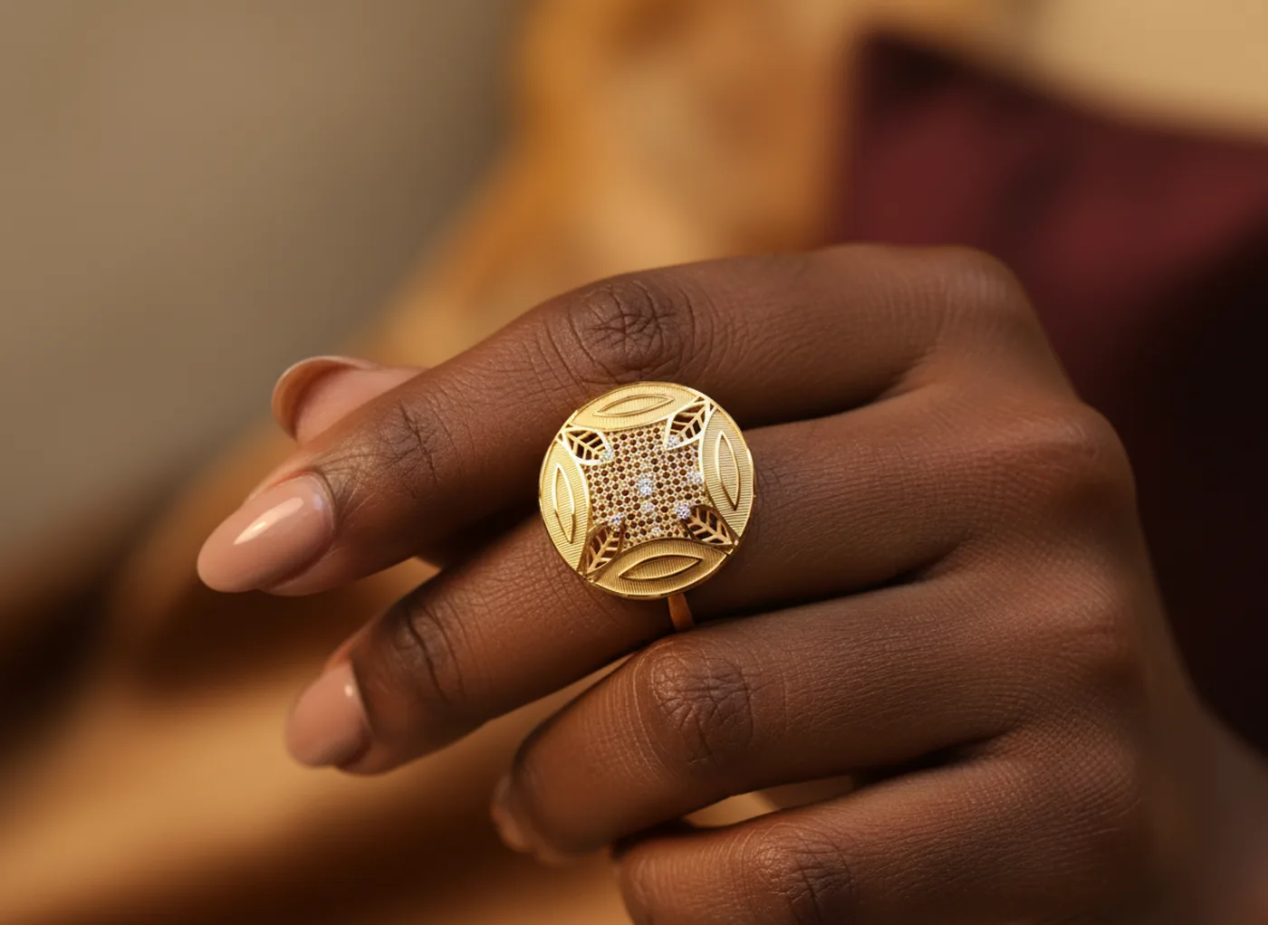Gold-plated leaf filigree ring