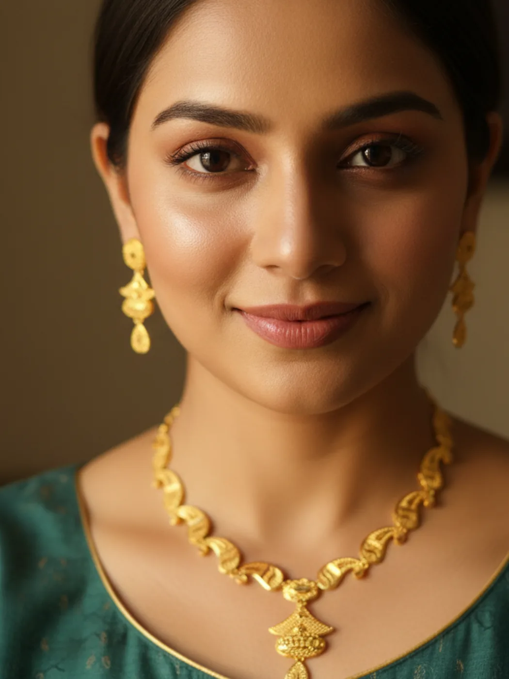 Model wearing a gold paisley necklace with matching drop earrings